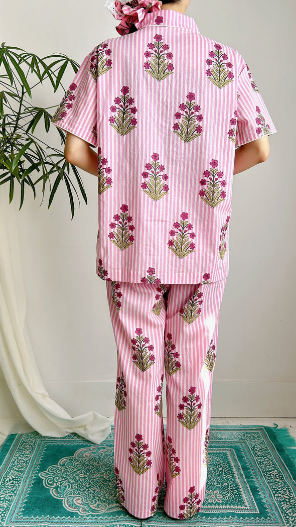 コットンパジャマ半袖（ヘッドバンド付き）Cheerful Pajamas WOMEN （ピンクトライプ）