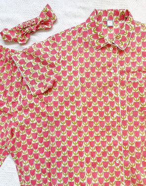 コットンパジャマ半袖（ヘッドバンド付き）Cheerful Pajamas WOMEN （ピンクチューリップ）