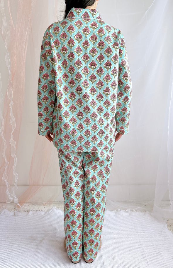 コットンパジャマ長袖（ヘッドバンド付き）Cheerful Pajamas WOMEN （ライトブルーフラワー）