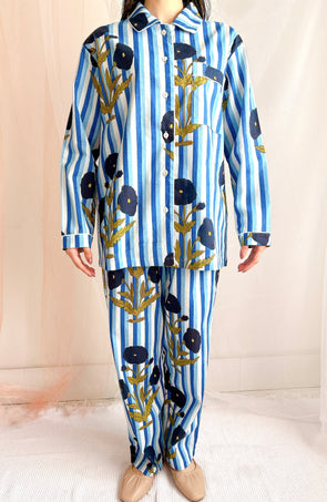 コットンパジャマ長袖（ヘッドバンド付き）Cheerful Pajamas WOMEN （ブルーストライプ）