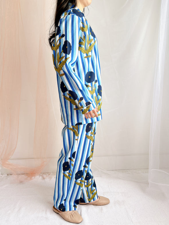 コットンパジャマ長袖（ヘッドバンド付き）Cheerful Pajamas WOMEN （ブルーストライプ）