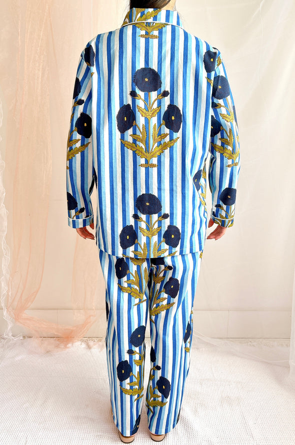 コットンパジャマ長袖（ヘッドバンド付き）Cheerful Pajamas WOMEN （ブルーストライプ）