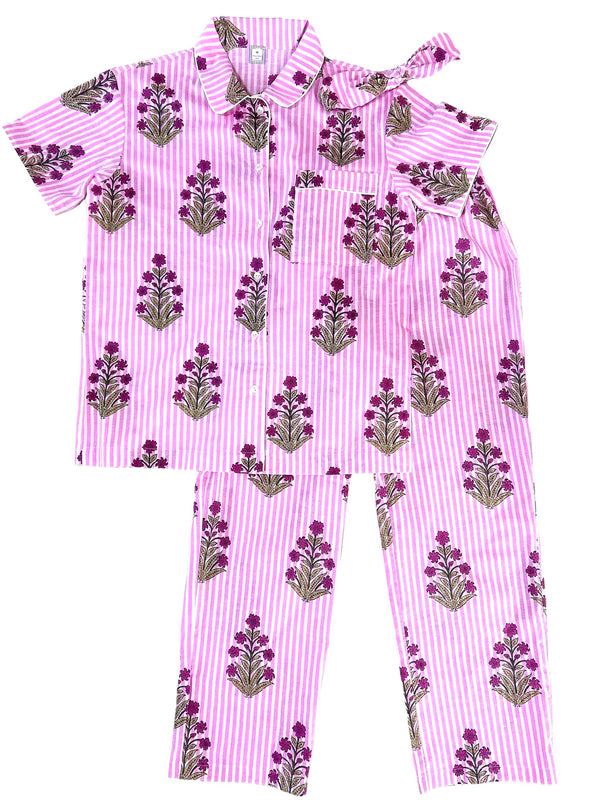 コットンパジャマ半袖（ヘッドバンド付き）Cheerful Pajamas WOMEN （ピンクトライプ）